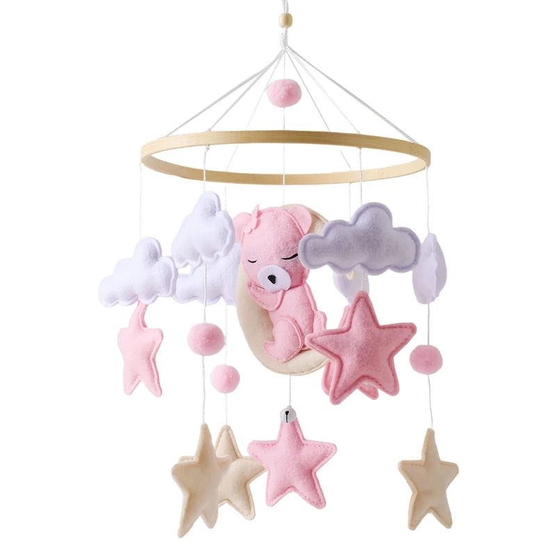 Wooden Crib Mobile Baby Bed Bell Rattle Toy Soft Felt Cartoon Bear Mobile bracket Newborn Music Box Bed Bell Hanging Bracket Toy